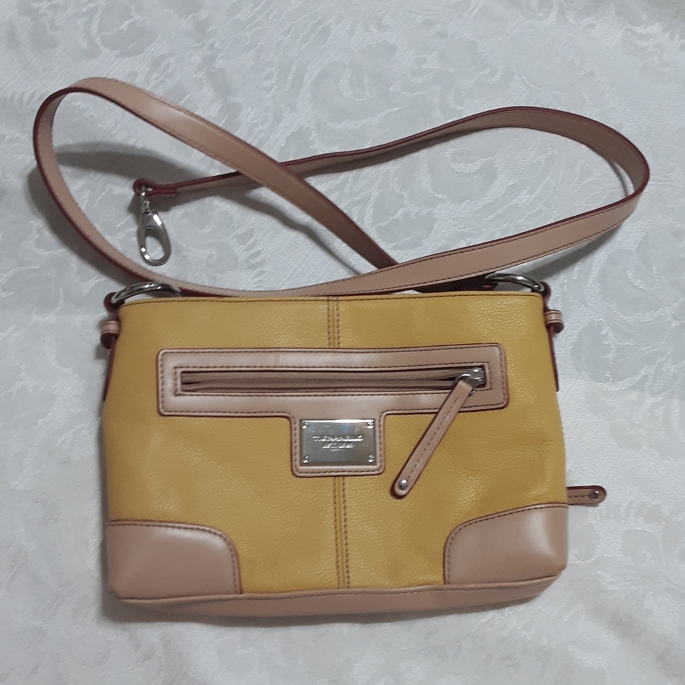 Tignanello Yellow and Tan Genuine Pebbled Leather Crossbody Bag.